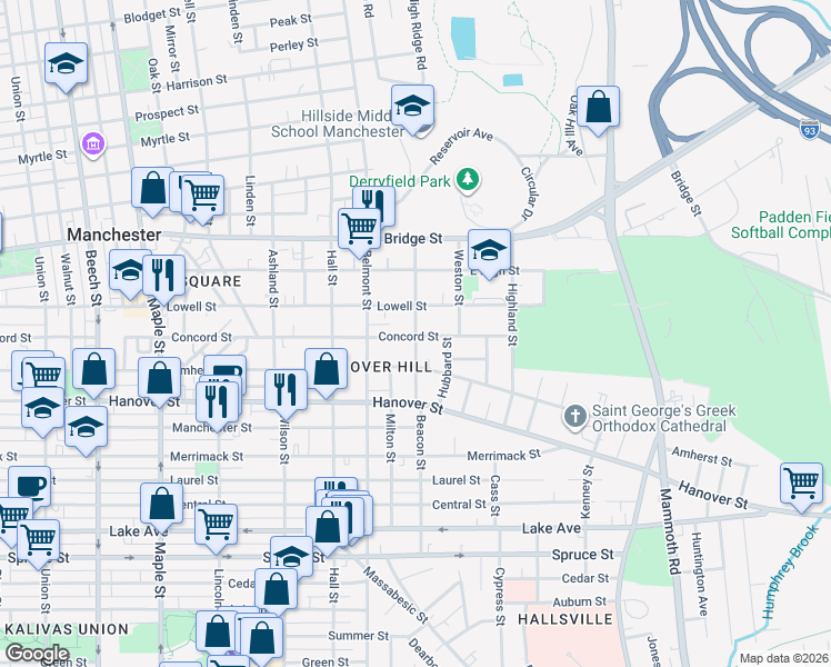 map of restaurants, bars, coffee shops, grocery stores, and more near 595 Beacon Street in Manchester
