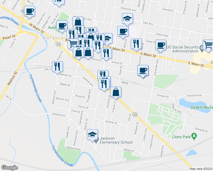 map of restaurants, bars, coffee shops, grocery stores, and more near 315-317 Ellicott Street in Batavia