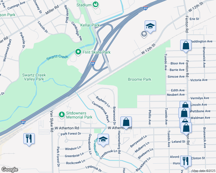 map of restaurants, bars, coffee shops, grocery stores, and more near 1712 Briarwood Drive in Flint