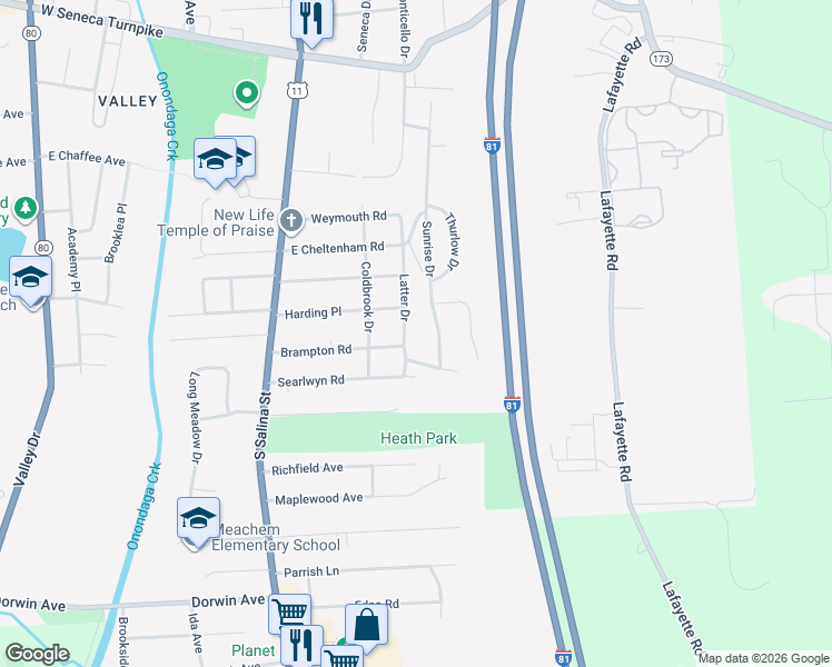 map of restaurants, bars, coffee shops, grocery stores, and more near 413 Latter Drive in Syracuse