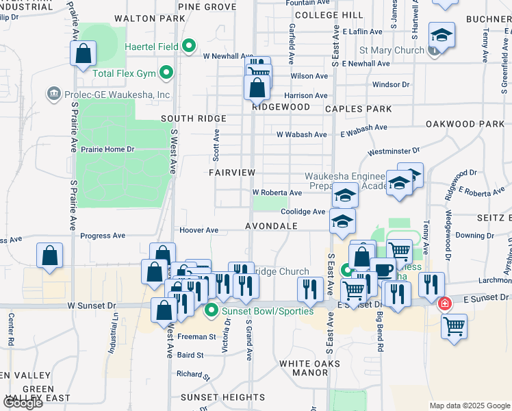 map of restaurants, bars, coffee shops, grocery stores, and more near 201 West Roberta Avenue in Waukesha