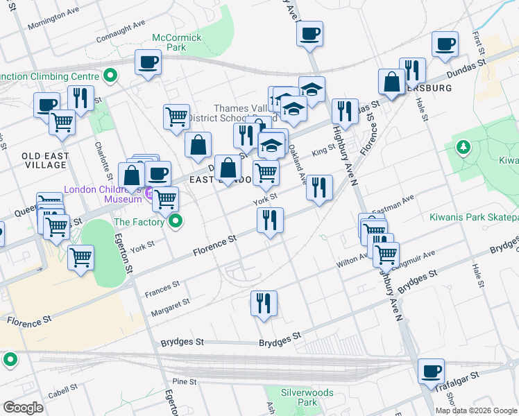 map of restaurants, bars, coffee shops, grocery stores, and more near 1193 York Street in London