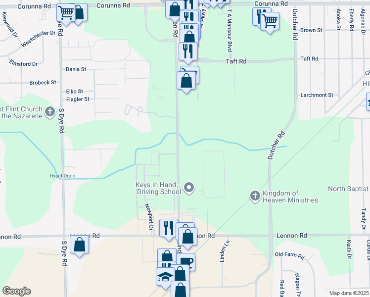 map of restaurants, bars, coffee shops, grocery stores, and more near 2335 South Linden Road in Flint