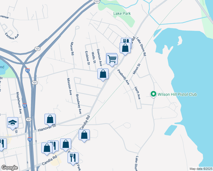 map of restaurants, bars, coffee shops, grocery stores, and more near 1429 Candia Road in Manchester