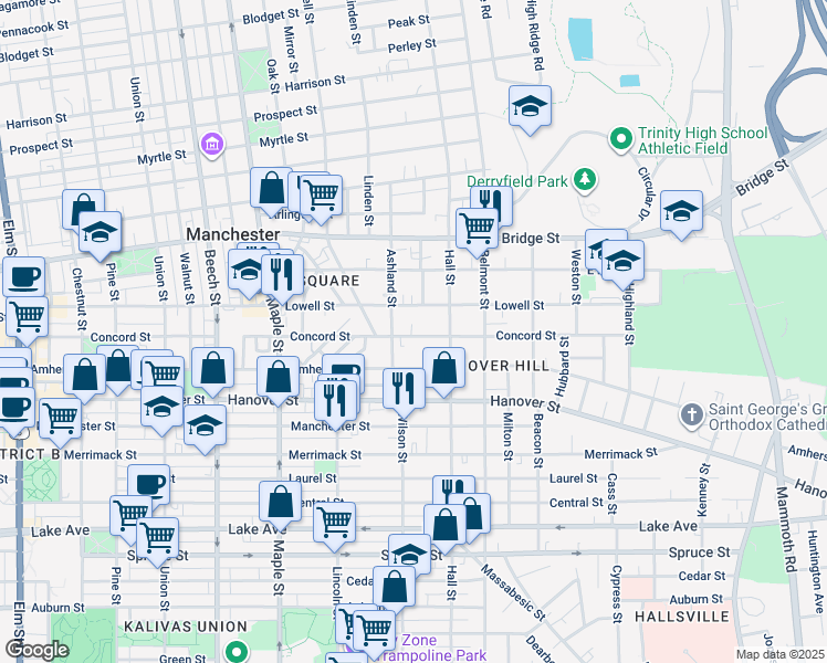 map of restaurants, bars, coffee shops, grocery stores, and more near 362 Concord Street in Manchester