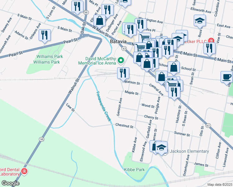 map of restaurants, bars, coffee shops, grocery stores, and more near 35 Maple Street in Batavia