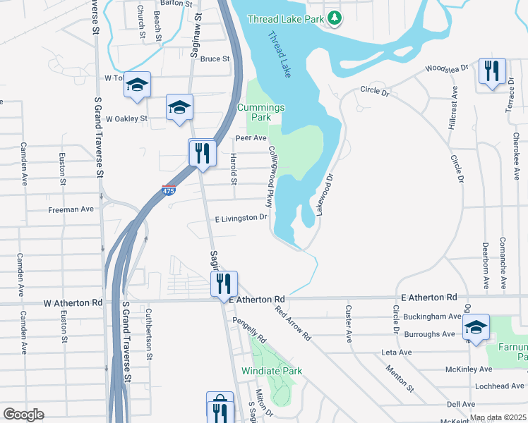map of restaurants, bars, coffee shops, grocery stores, and more near 3414 Collingwood Parkway in Flint