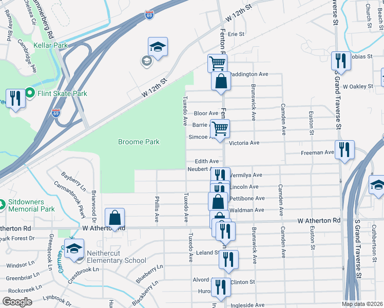 map of restaurants, bars, coffee shops, grocery stores, and more near 1121 Victoria Avenue in Flint