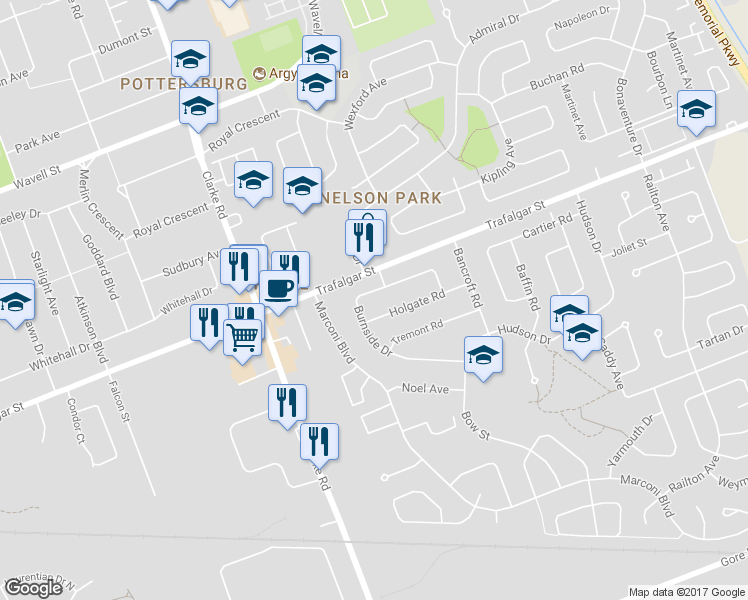 map of restaurants, bars, coffee shops, grocery stores, and more near 197 Burnside Drive in London