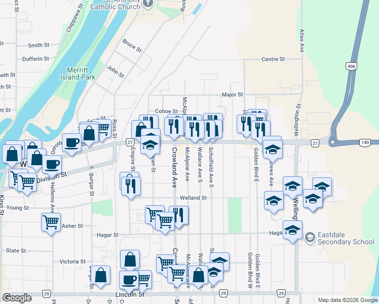 map of restaurants, bars, coffee shops, grocery stores, and more near 18 McAlpine Avenue South in Welland