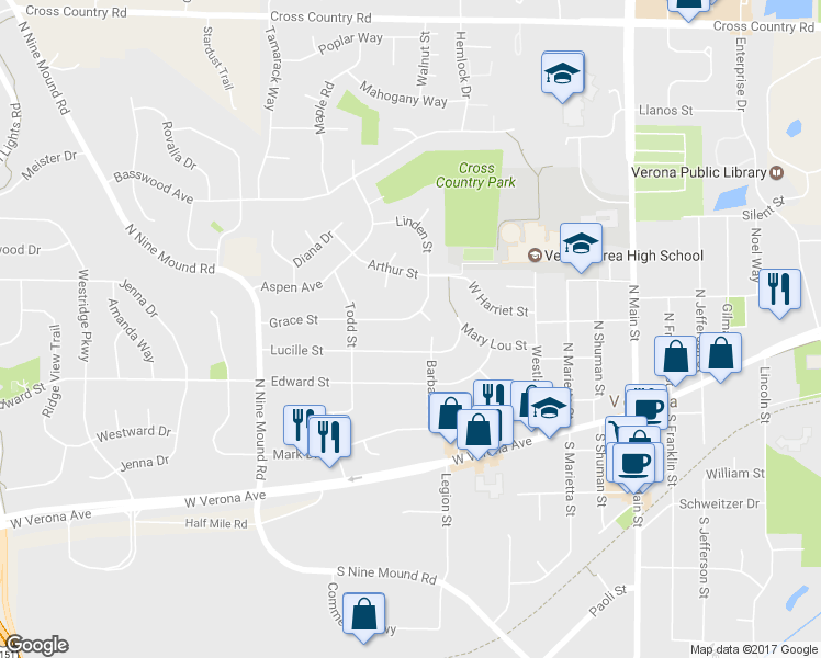 map of restaurants, bars, coffee shops, grocery stores, and more near 571 Grace Street in Verona
