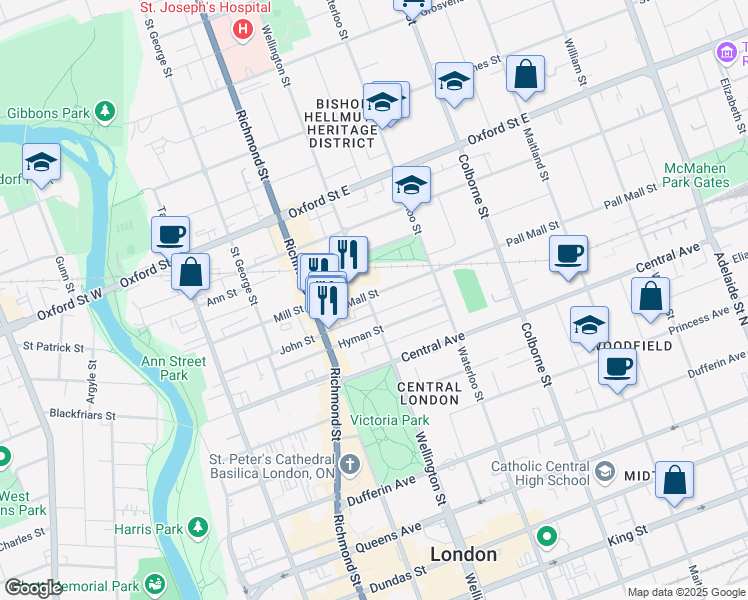 map of restaurants, bars, coffee shops, grocery stores, and more near 640 Wellington St in London