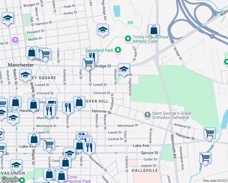 map of restaurants, bars, coffee shops, grocery stores, and more near 558 Concord Street in Manchester
