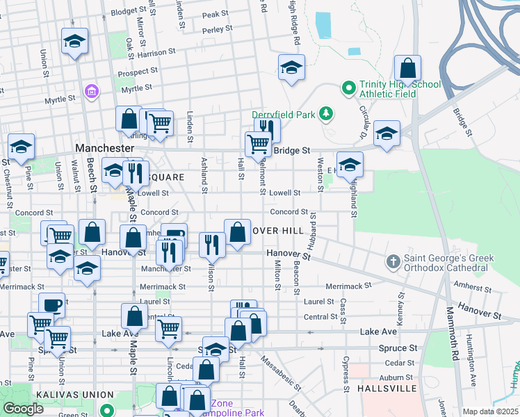 map of restaurants, bars, coffee shops, grocery stores, and more near 595 Belmont Street in Manchester