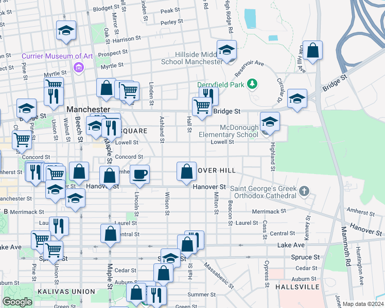map of restaurants, bars, coffee shops, grocery stores, and more near 594 Hall Street in Manchester