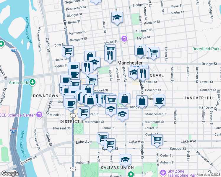 map of restaurants, bars, coffee shops, grocery stores, and more near 555 Union Street in Manchester