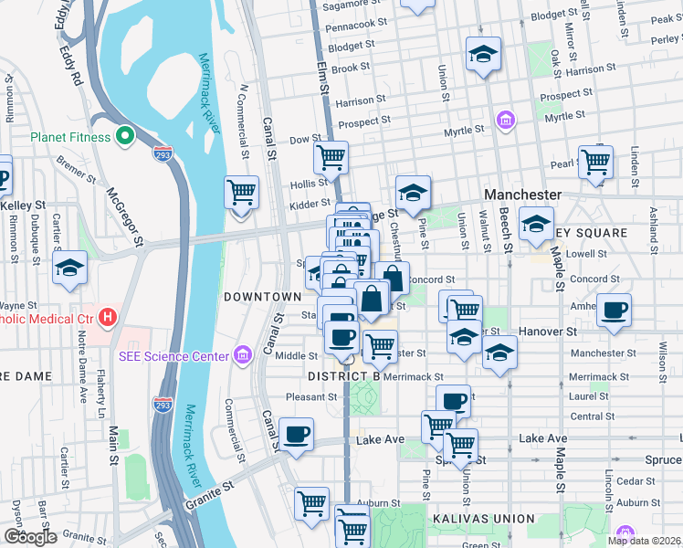 map of restaurants, bars, coffee shops, grocery stores, and more near in Manchester