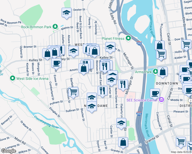 map of restaurants, bars, coffee shops, grocery stores, and more near 419 Hevey Street in Manchester