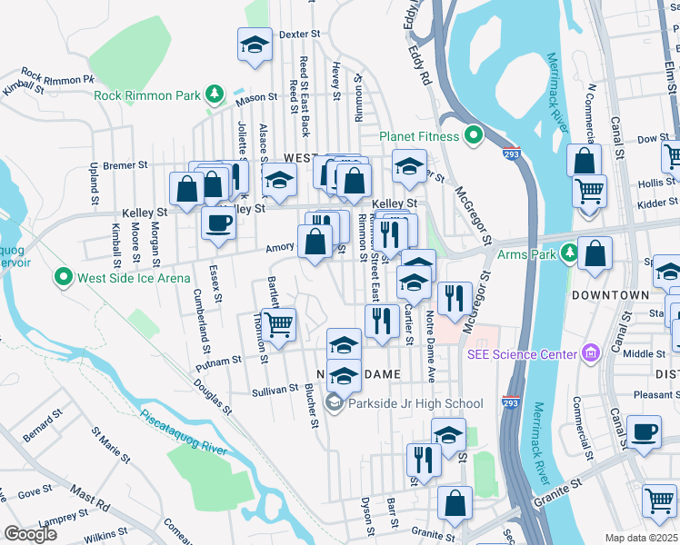 map of restaurants, bars, coffee shops, grocery stores, and more near 419 Hevey Street in Manchester
