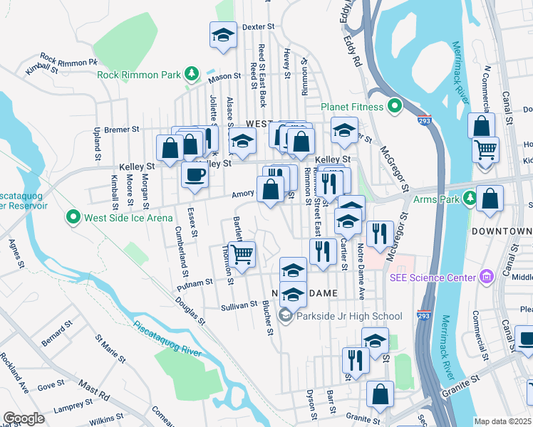 map of restaurants, bars, coffee shops, grocery stores, and more near 270 Amory Street in Manchester