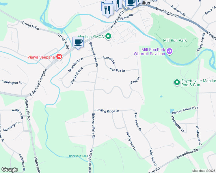 map of restaurants, bars, coffee shops, grocery stores, and more near 7959 Everglades Drive in Manlius