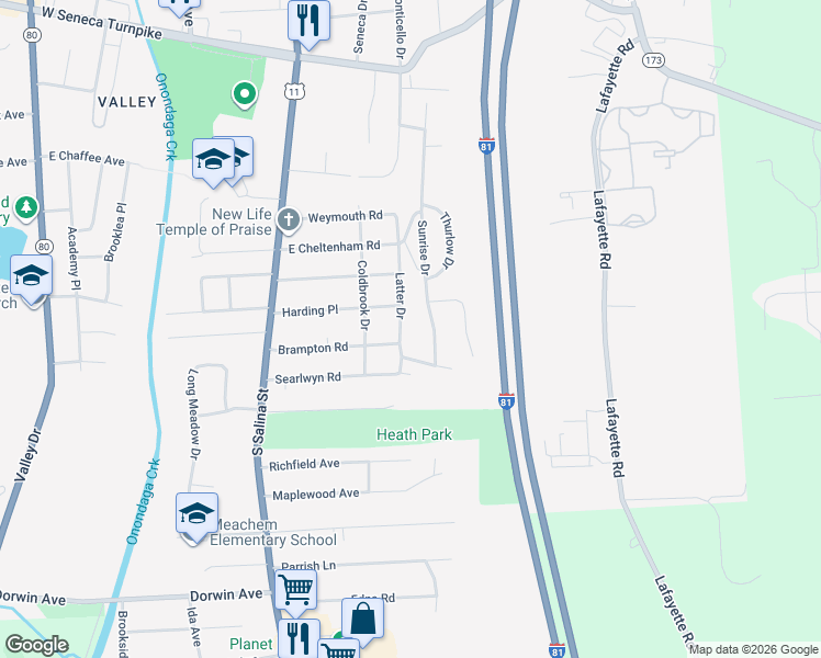 map of restaurants, bars, coffee shops, grocery stores, and more near 413 Latter Drive in Syracuse