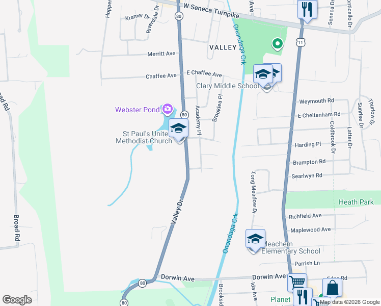 map of restaurants, bars, coffee shops, grocery stores, and more near 2221 Valley Drive in Syracuse