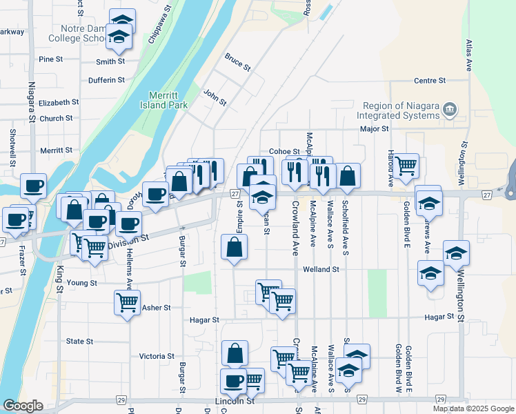 map of restaurants, bars, coffee shops, grocery stores, and more near in Welland