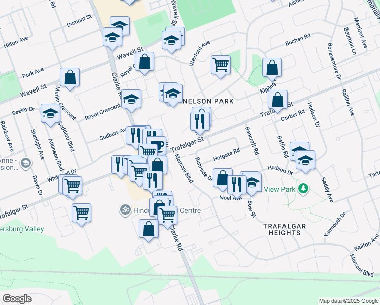 map of restaurants, bars, coffee shops, grocery stores, and more near 1967 Trafalgar Street in London