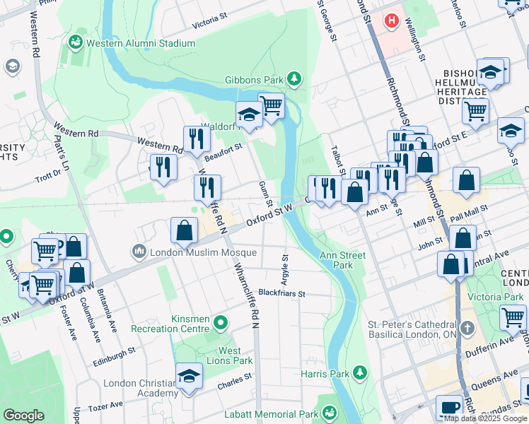 map of restaurants, bars, coffee shops, grocery stores, and more near 17 Oxford Street West in London