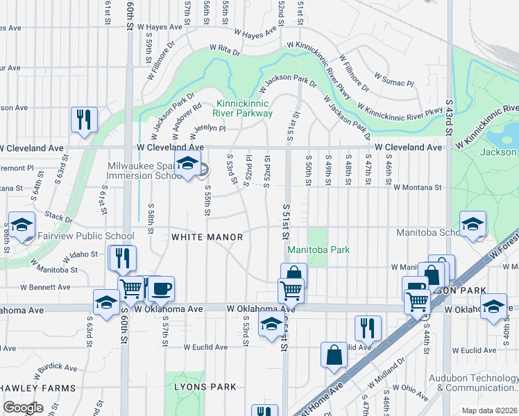 map of restaurants, bars, coffee shops, grocery stores, and more near 2845 South 52nd Street in Milwaukee