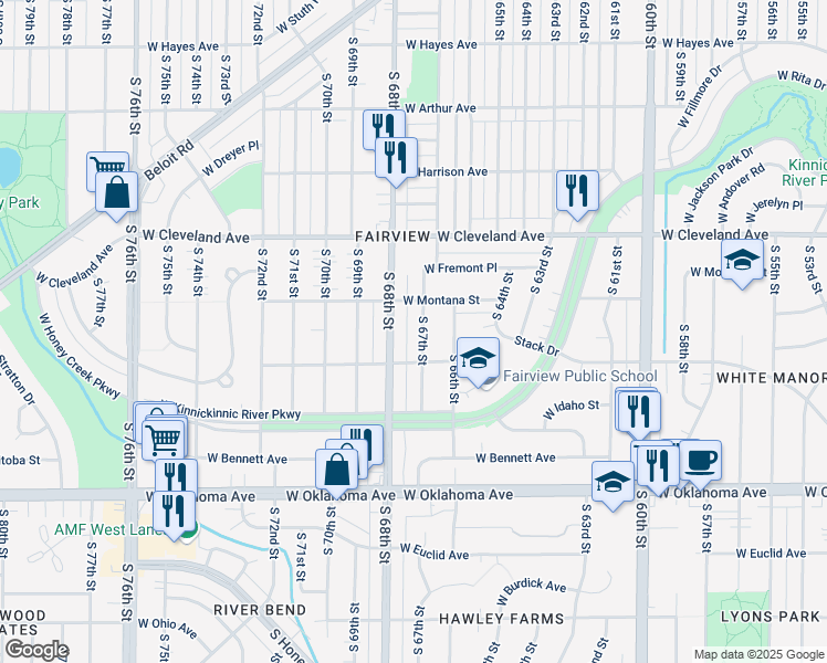 map of restaurants, bars, coffee shops, grocery stores, and more near 2836 South 67th Street in Milwaukee