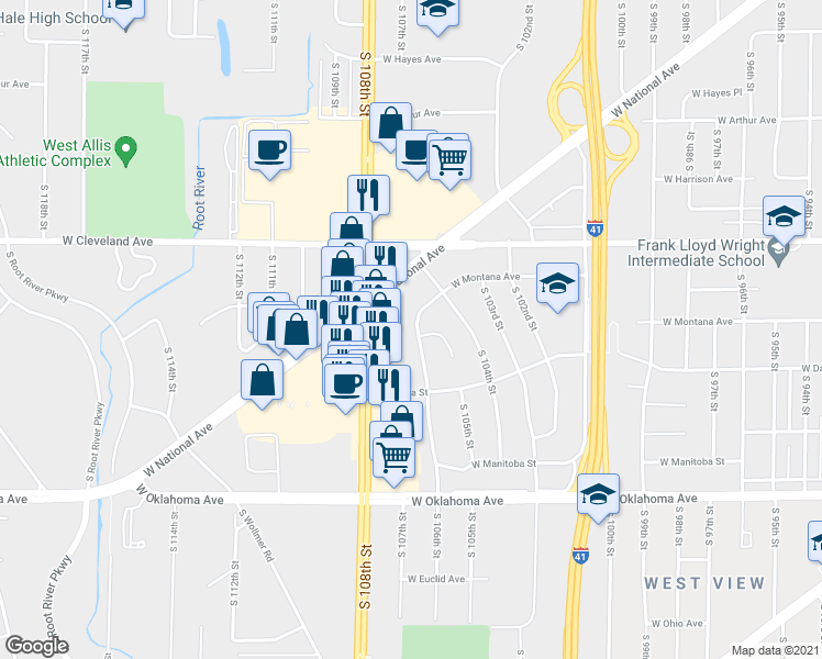 map of restaurants, bars, coffee shops, grocery stores, and more near 10448 West Montana Avenue in West Allis