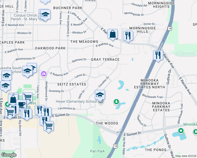 map of restaurants, bars, coffee shops, grocery stores, and more near 1211 Lynne Drive in Waukesha