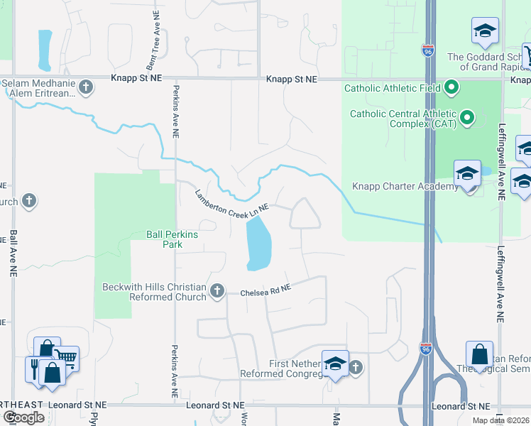 map of restaurants, bars, coffee shops, grocery stores, and more near 2011 Lamberton Creek Lane Northeast in Grand Rapids