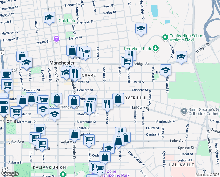 map of restaurants, bars, coffee shops, grocery stores, and more near 362 Concord Street in Manchester