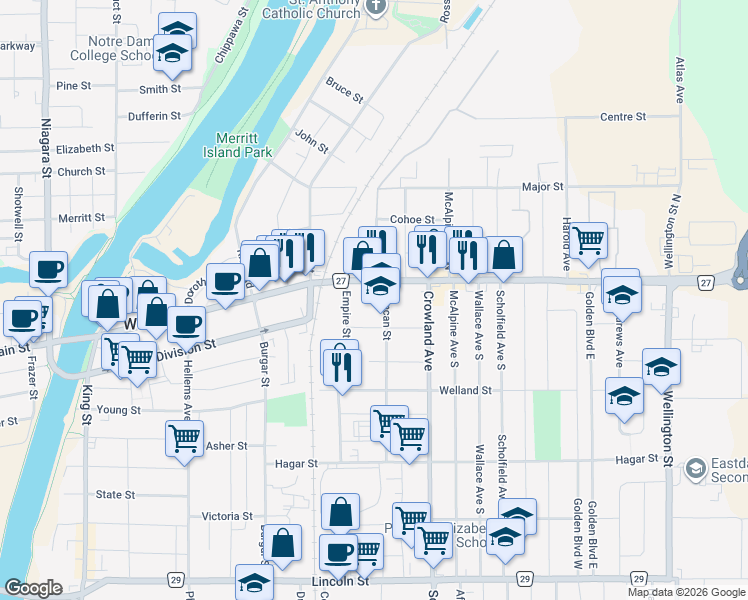 map of restaurants, bars, coffee shops, grocery stores, and more near 13 Duncan Street in Welland