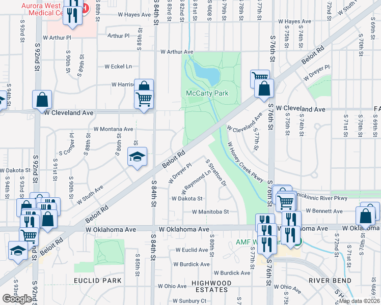 map of restaurants, bars, coffee shops, grocery stores, and more near 8133 Beloit Road in West Allis