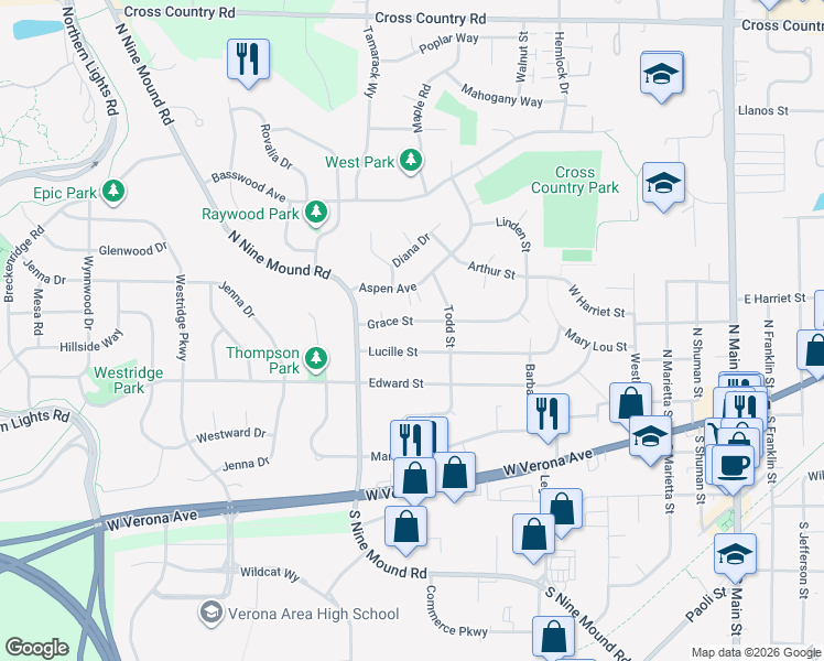 map of restaurants, bars, coffee shops, grocery stores, and more near 691 Grace Street in Verona