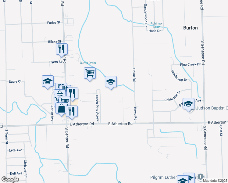 map of restaurants, bars, coffee shops, grocery stores, and more near 4171 East Atherton Road in Burton