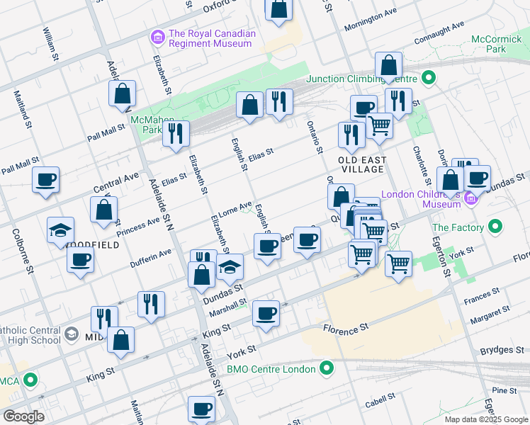 map of restaurants, bars, coffee shops, grocery stores, and more near 492 English Street in London