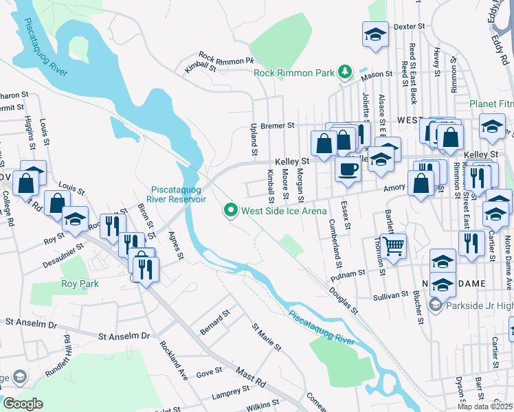 map of restaurants, bars, coffee shops, grocery stores, and more near 745 Amory Street in Manchester