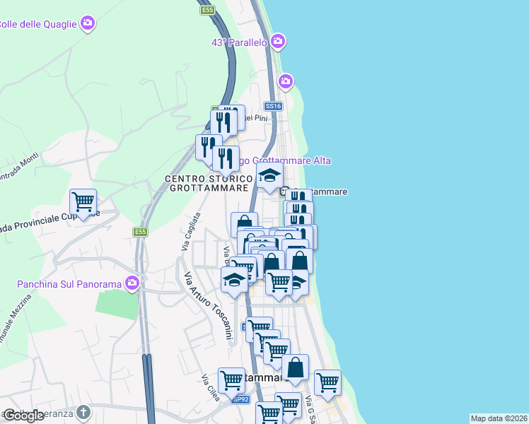 map of restaurants, bars, coffee shops, grocery stores, and more near 110 Via Fratelli Cairoli in Grottammare