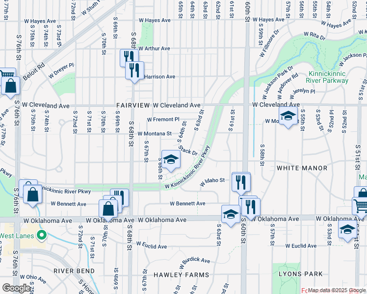 map of restaurants, bars, coffee shops, grocery stores, and more near 6318 West Stack Drive in Milwaukee