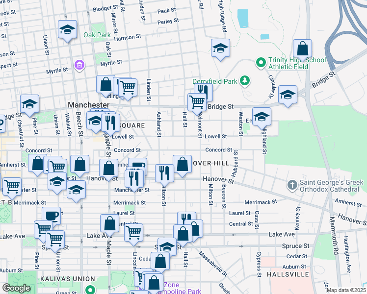 map of restaurants, bars, coffee shops, grocery stores, and more near 594 Hall St in Manchester