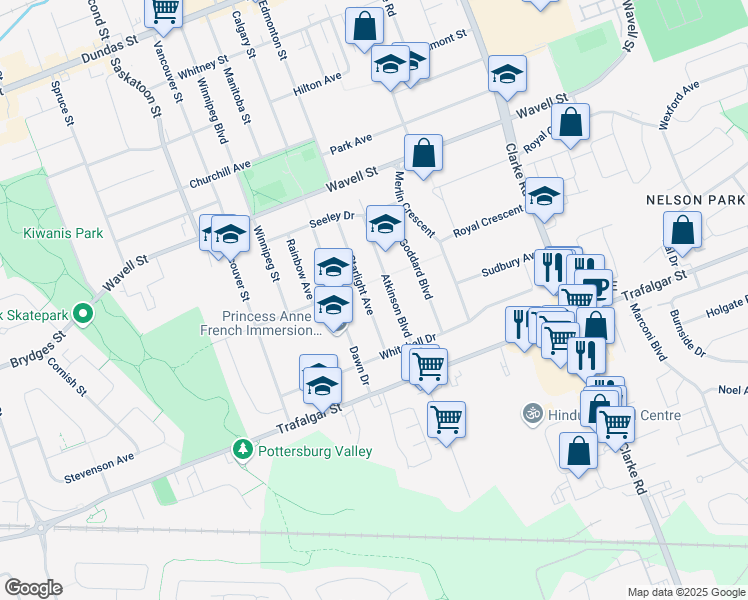 map of restaurants, bars, coffee shops, grocery stores, and more near 202 Starlight Avenue in London
