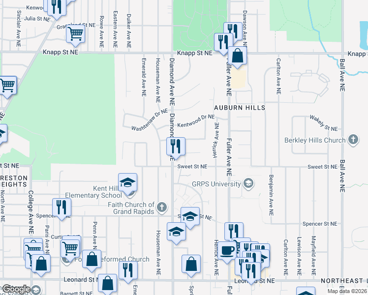 map of restaurants, bars, coffee shops, grocery stores, and more near 1625 Diamond Court Northeast in Grand Rapids