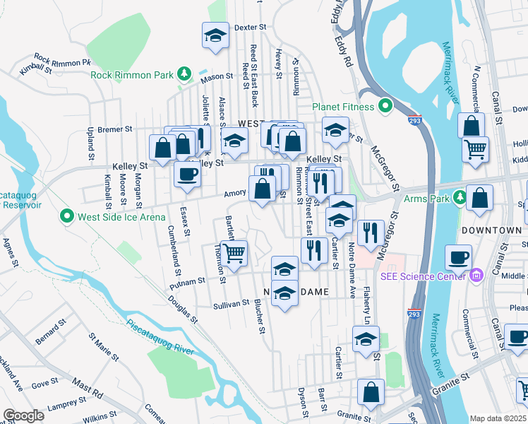 map of restaurants, bars, coffee shops, grocery stores, and more near 270 Amory Street in Manchester