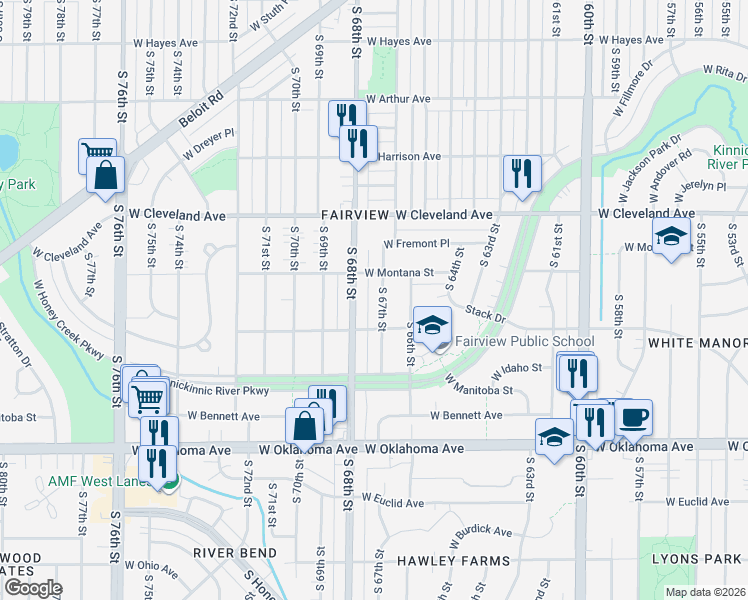 map of restaurants, bars, coffee shops, grocery stores, and more near 2836 South 67th Street in Milwaukee
