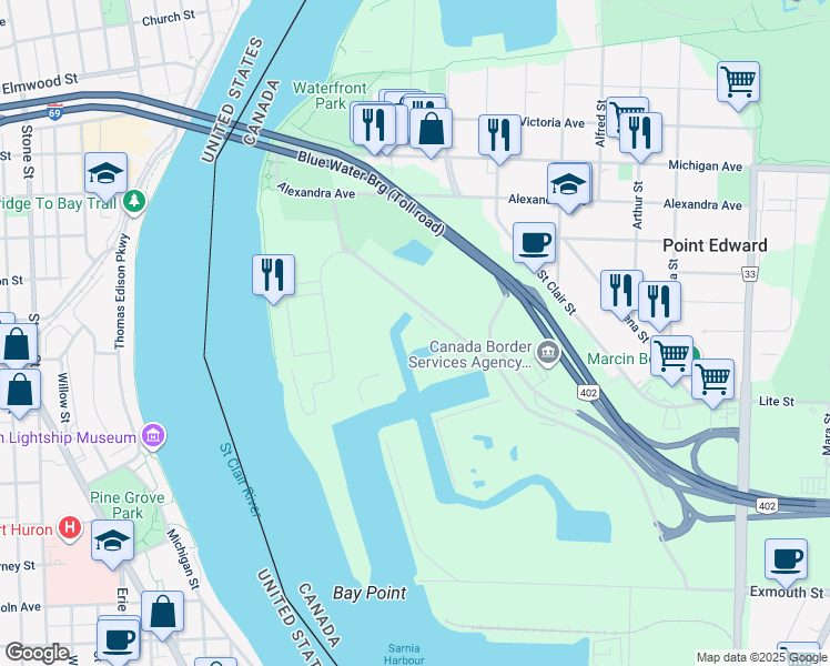 map of restaurants, bars, coffee shops, grocery stores, and more near 1550 Venetian Boulevard in Point Edward